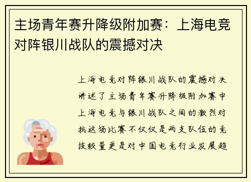主场青年赛升降级附加赛：上海电竞对阵银川战队的震撼对决