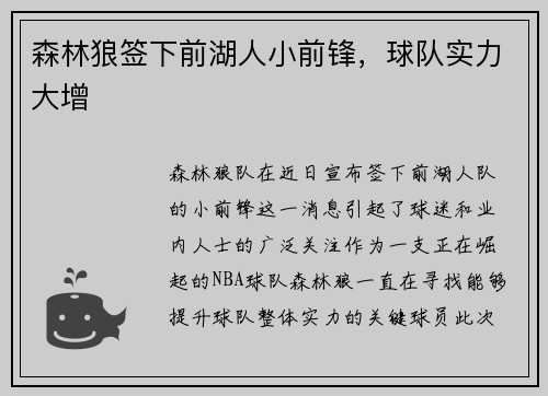 森林狼签下前湖人小前锋，球队实力大增
